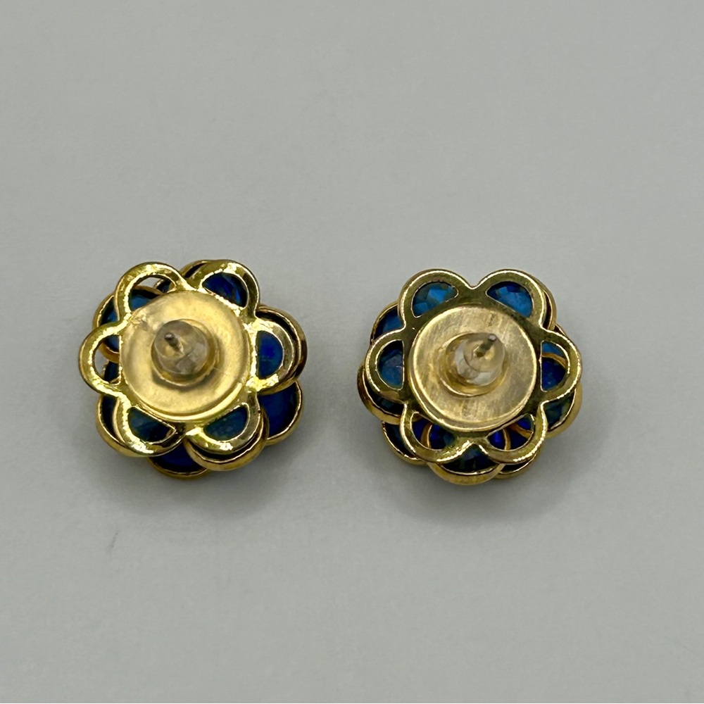 Sparkling Blue and Gold Flower Cluster Earrings - Picture 11 of 12